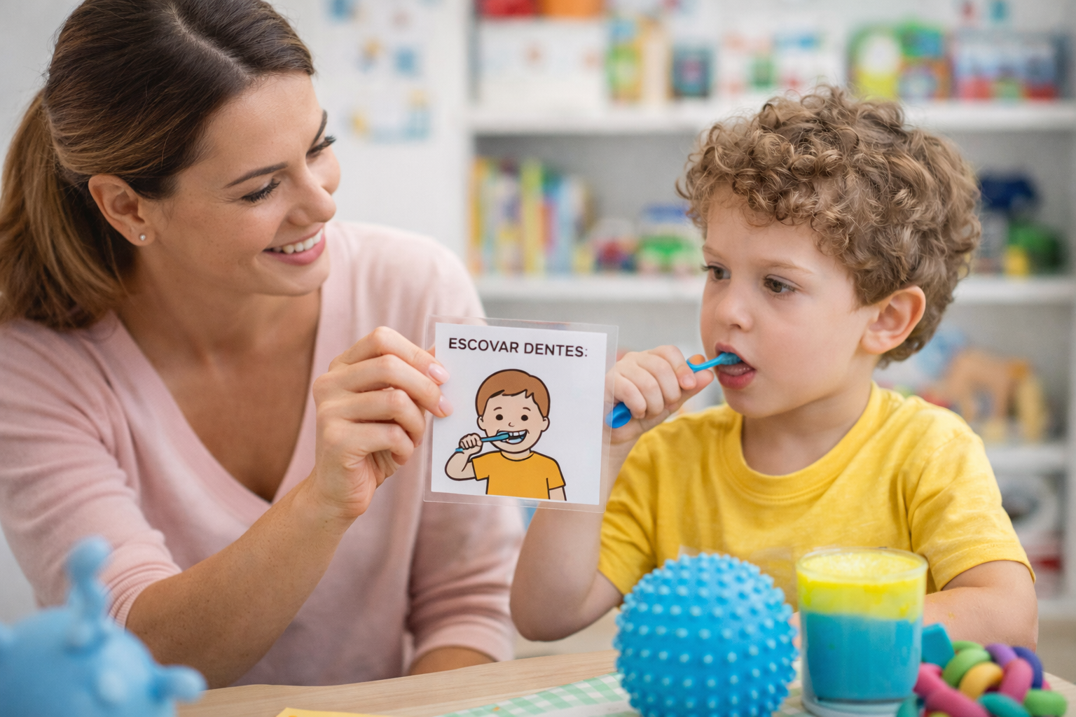 Profissional realizando atividade pedagógica com criança TEA